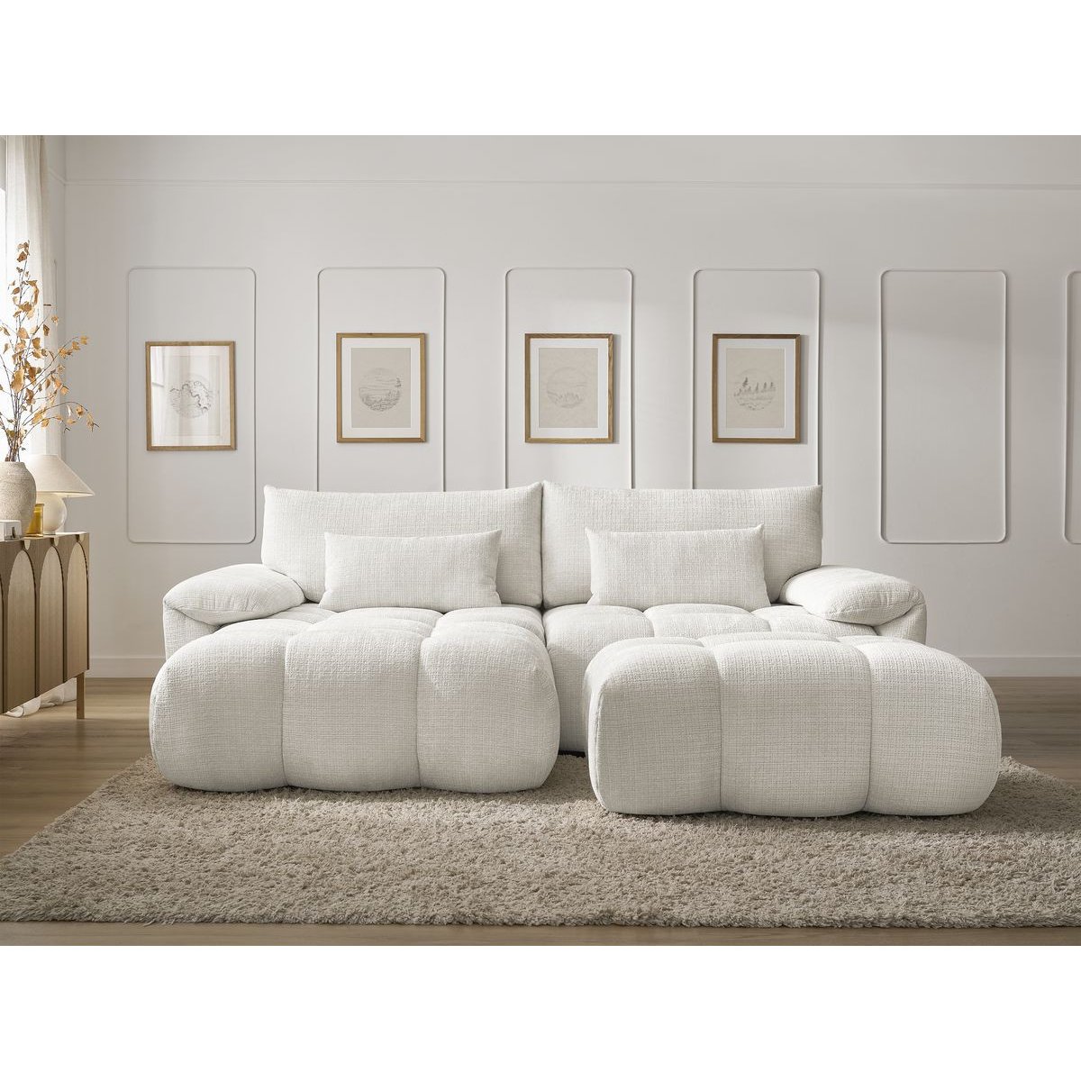 Canapé d'angle fixe 4 places en tissu texturé, IVANE blanc, BOBOCHIC