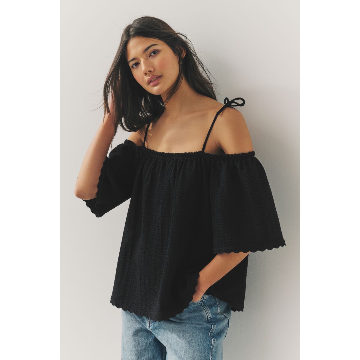 Haut bardot manches courtes 100 % coton noir, NEXT