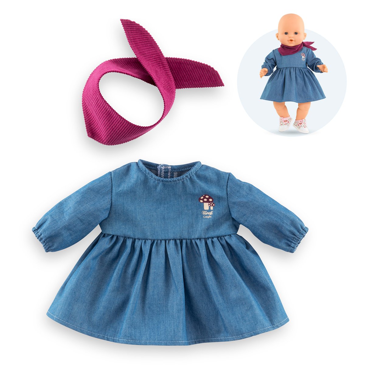 Robe en Jean Manches Longues & Foulard Petit Explorateur pour poupon 36 cm couleur unique, COROLLE