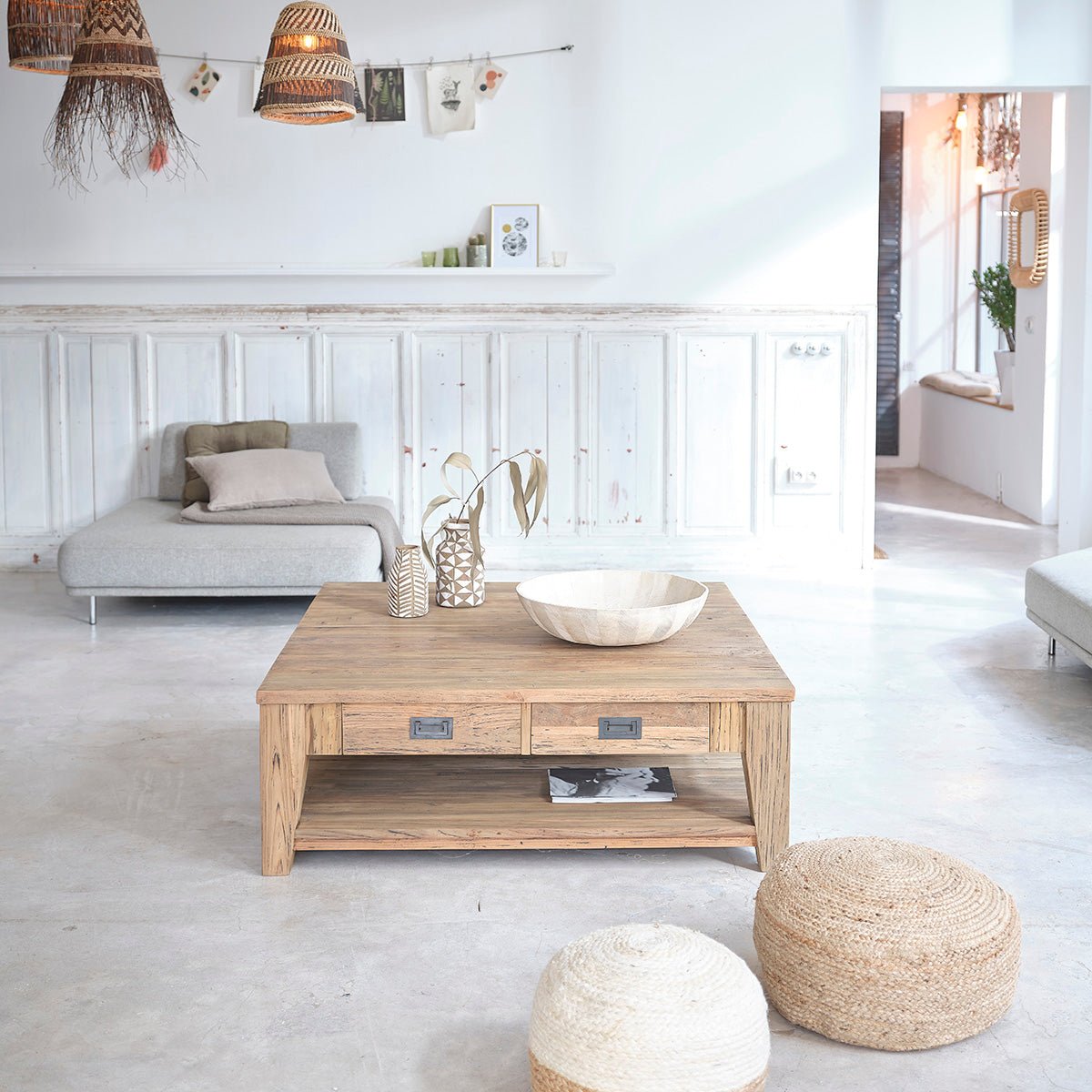 Table basse en bois de teck recyclé 120 cm CARGO naturel, BERAH GETAH