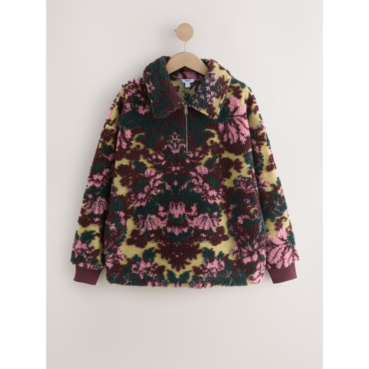 Sweat en polaire zippée à manches longues jacquard floral vert sauge, NEXT