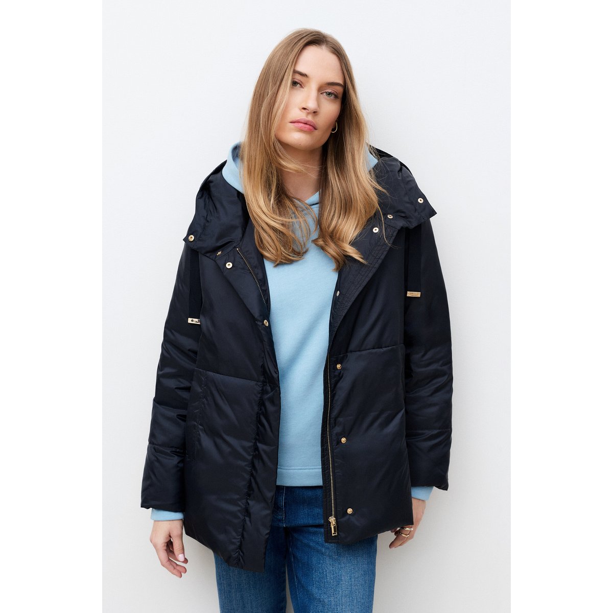 Manteau court droit avec capuche GALIXE bleu marine, CAROLL