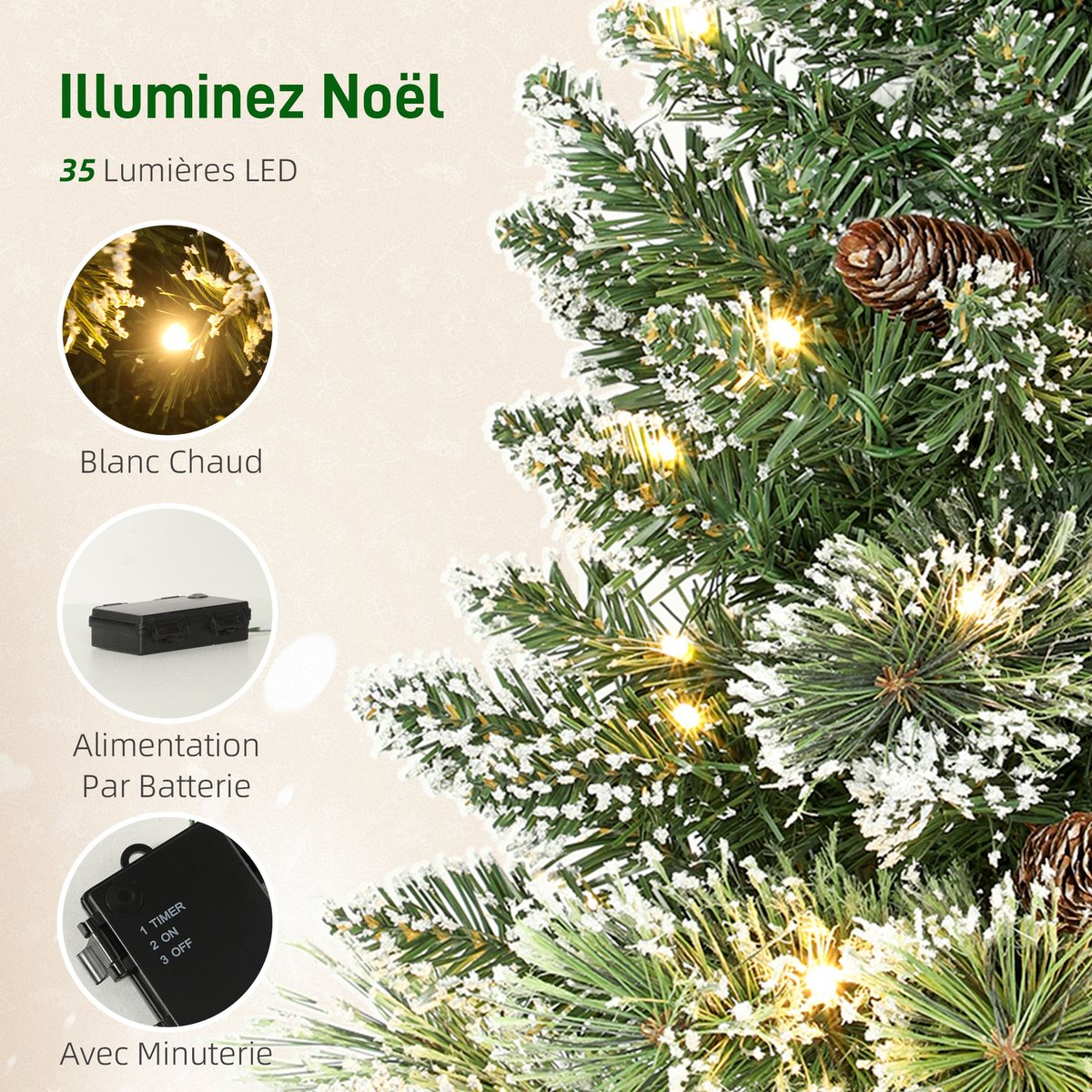 Sapin de Noël artificiel LED de table bureau H.60cm avec décorations toile de lin vert, HOMCOM