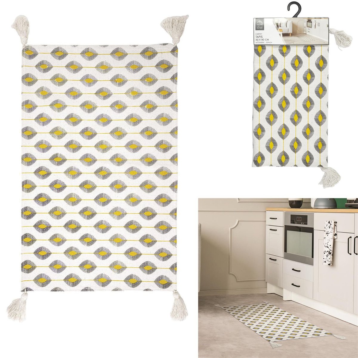 Tapis à pompons à motifs ZESTE jaune, THE HOME DECO FACTORY