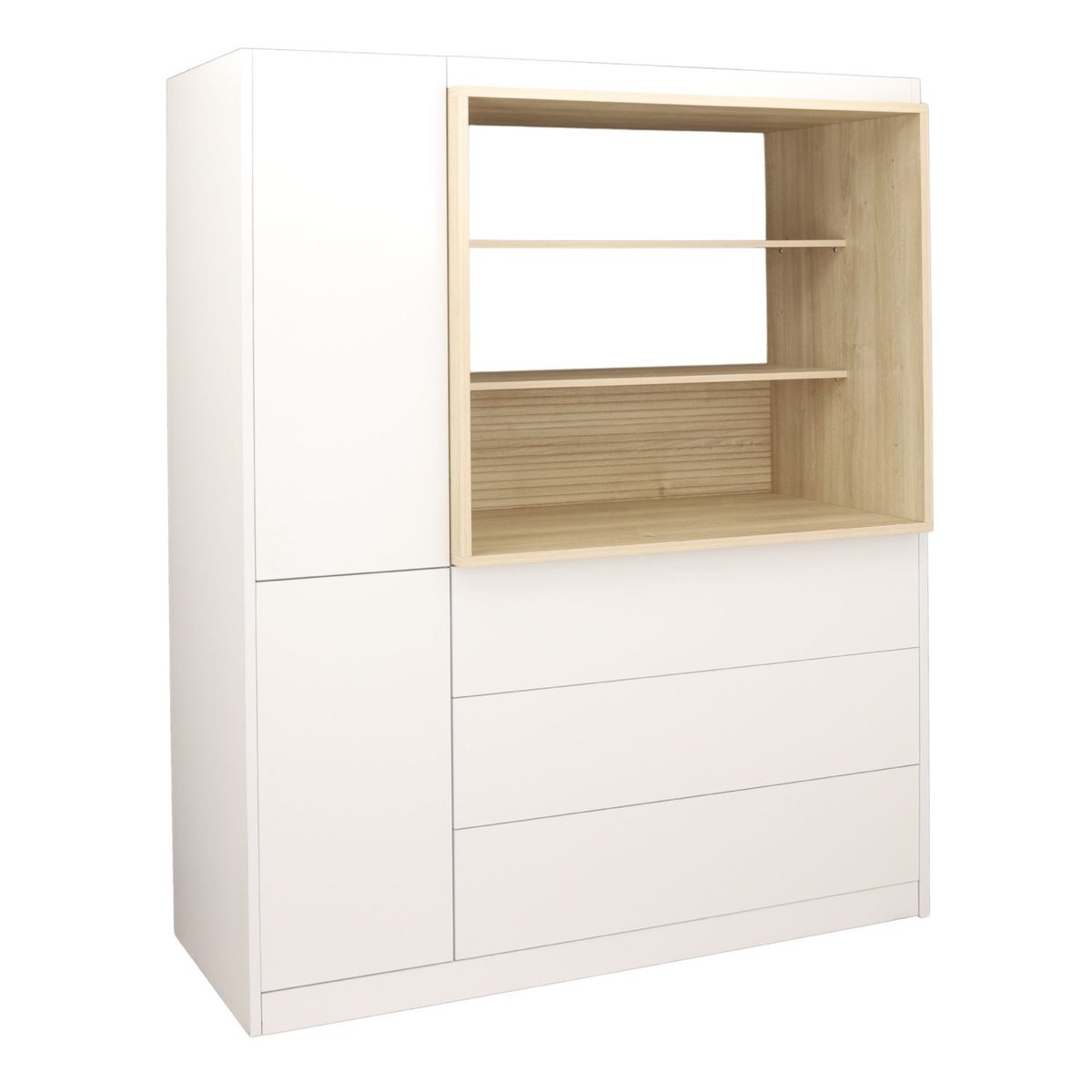 Combiné commode à langer 3 tiroirs, 1 colonne et niche décor chêne sépia blanc, SAUTHON