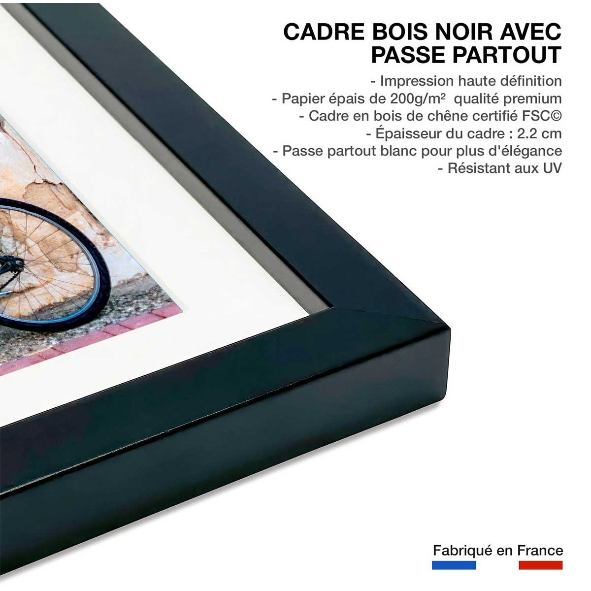 Poster bicyclette bleue affiche + cadre en bois - noir, HEXOA