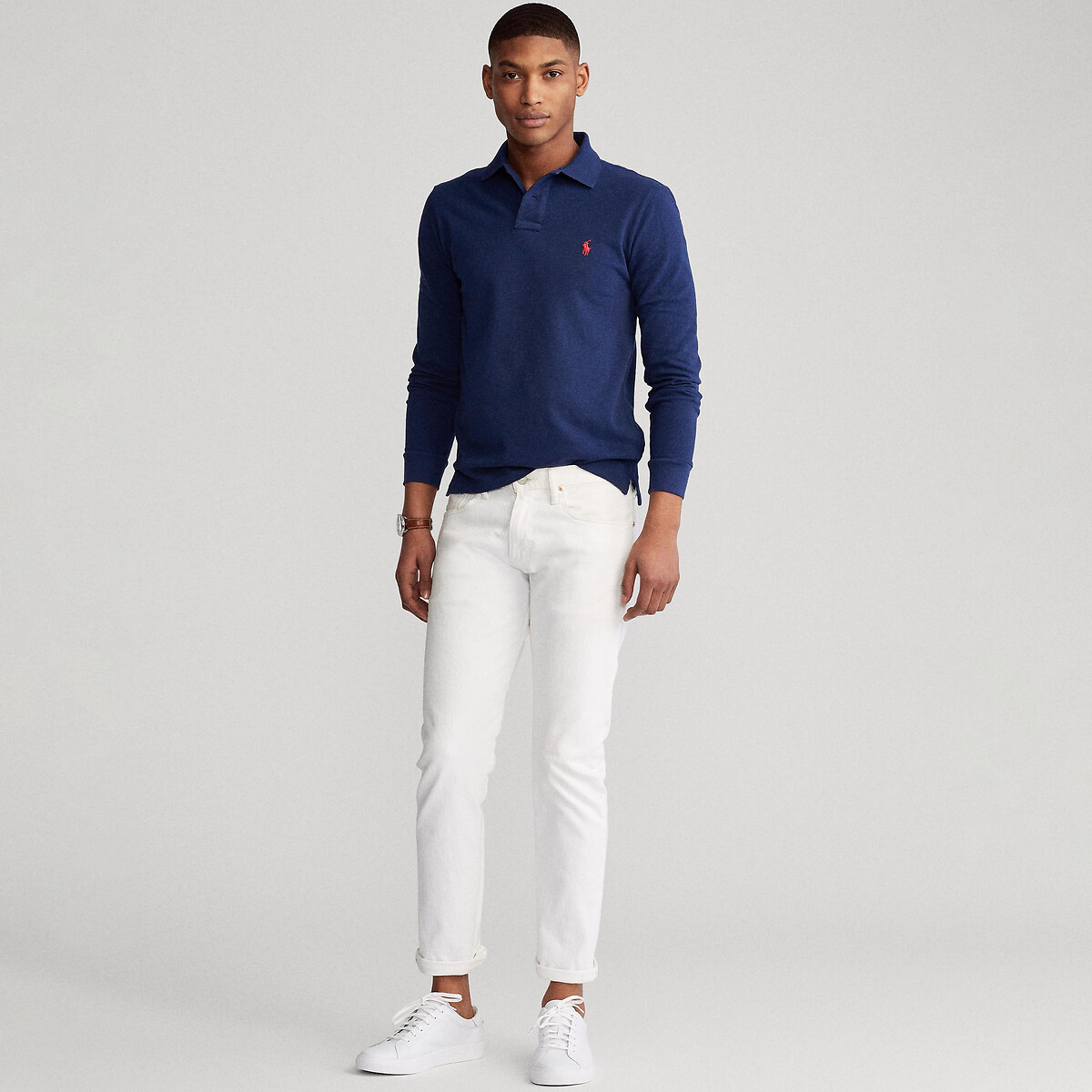 Pólo de manga comprida em piqué azul escuro, POLO RALPH LAUREN