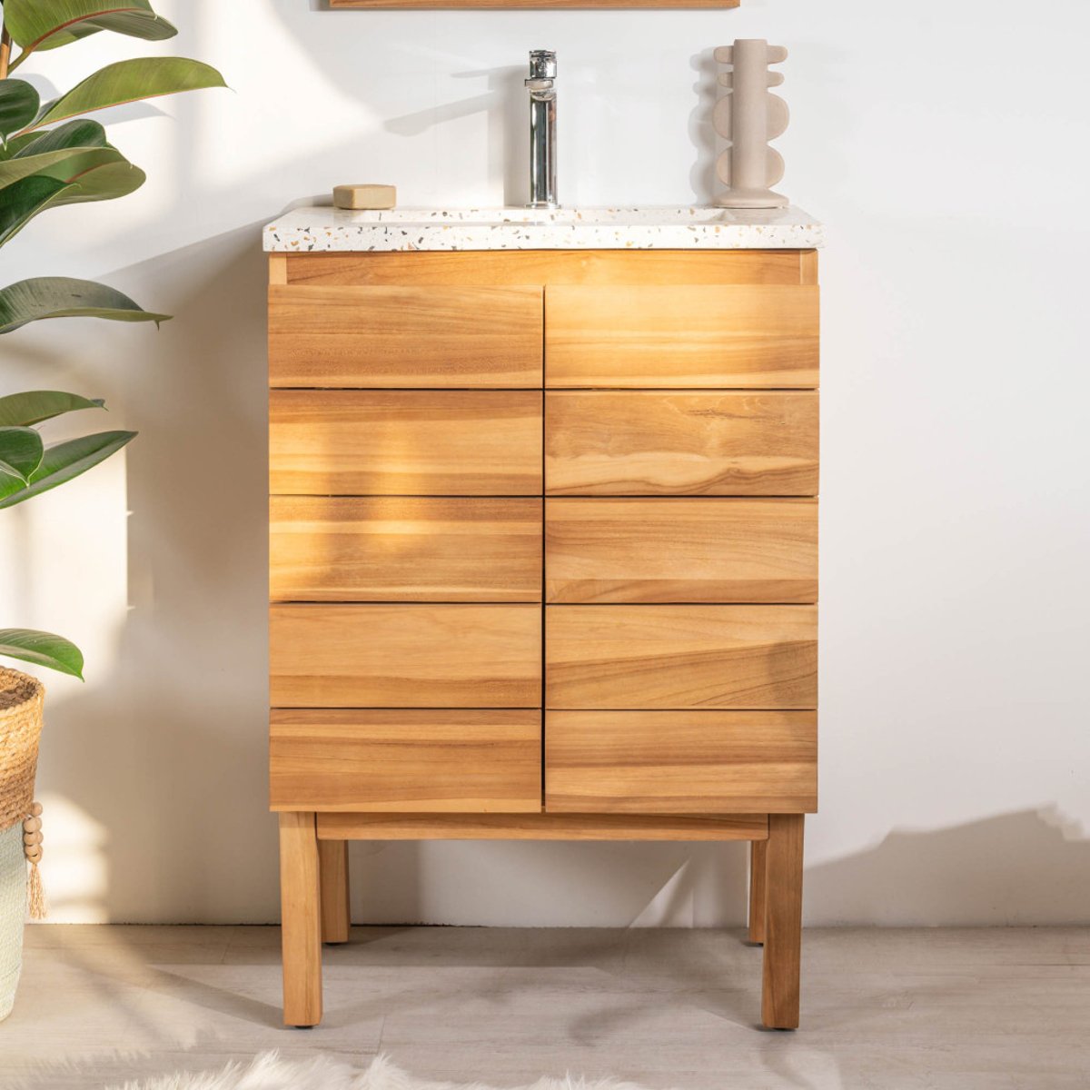 Meuble salle de bain en teck et terrazzo crème Ananta 60cm crème, WANDA COLLECTION