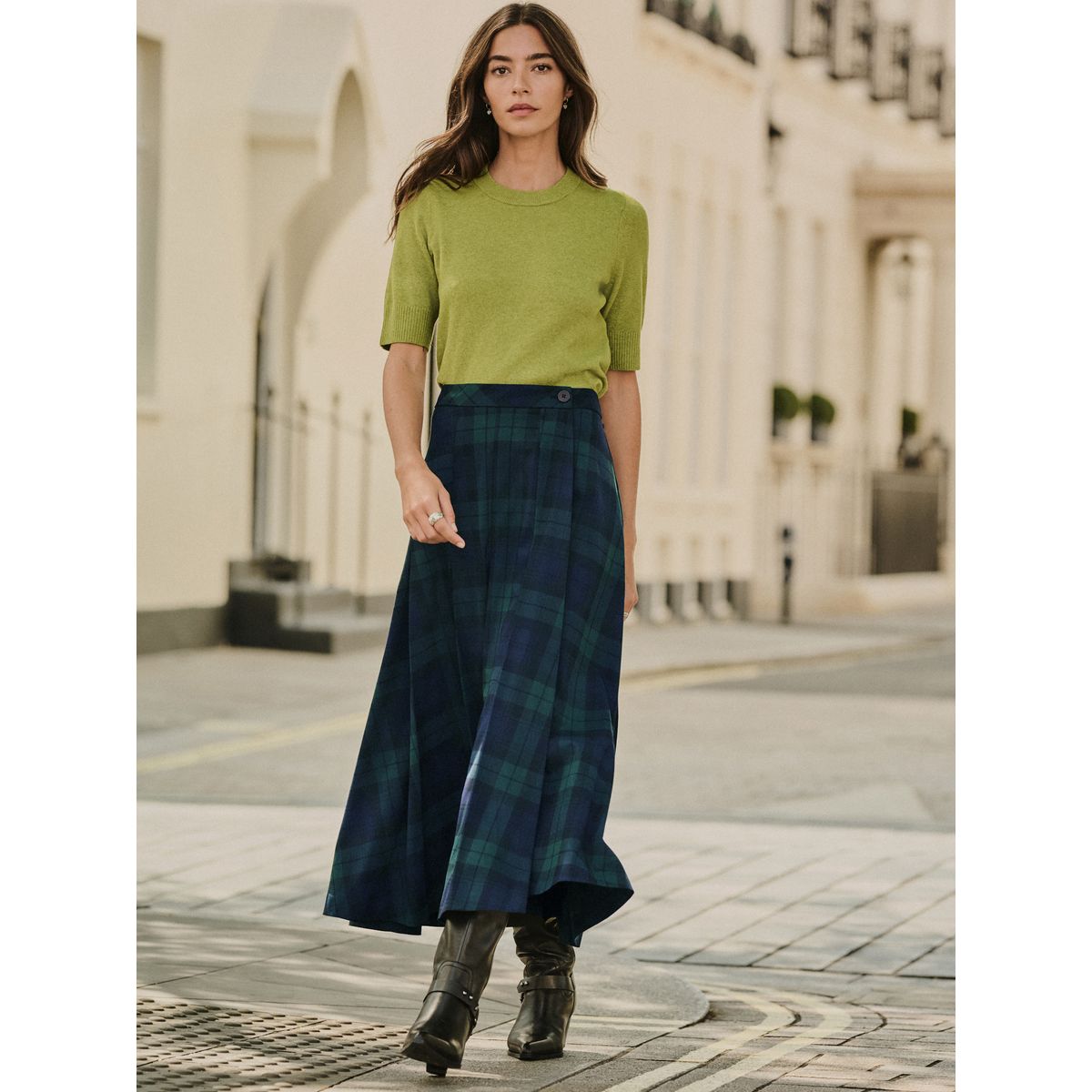 Jupe kilt mi-longue plissée à motif écossais vert/bleu marine, NEXT