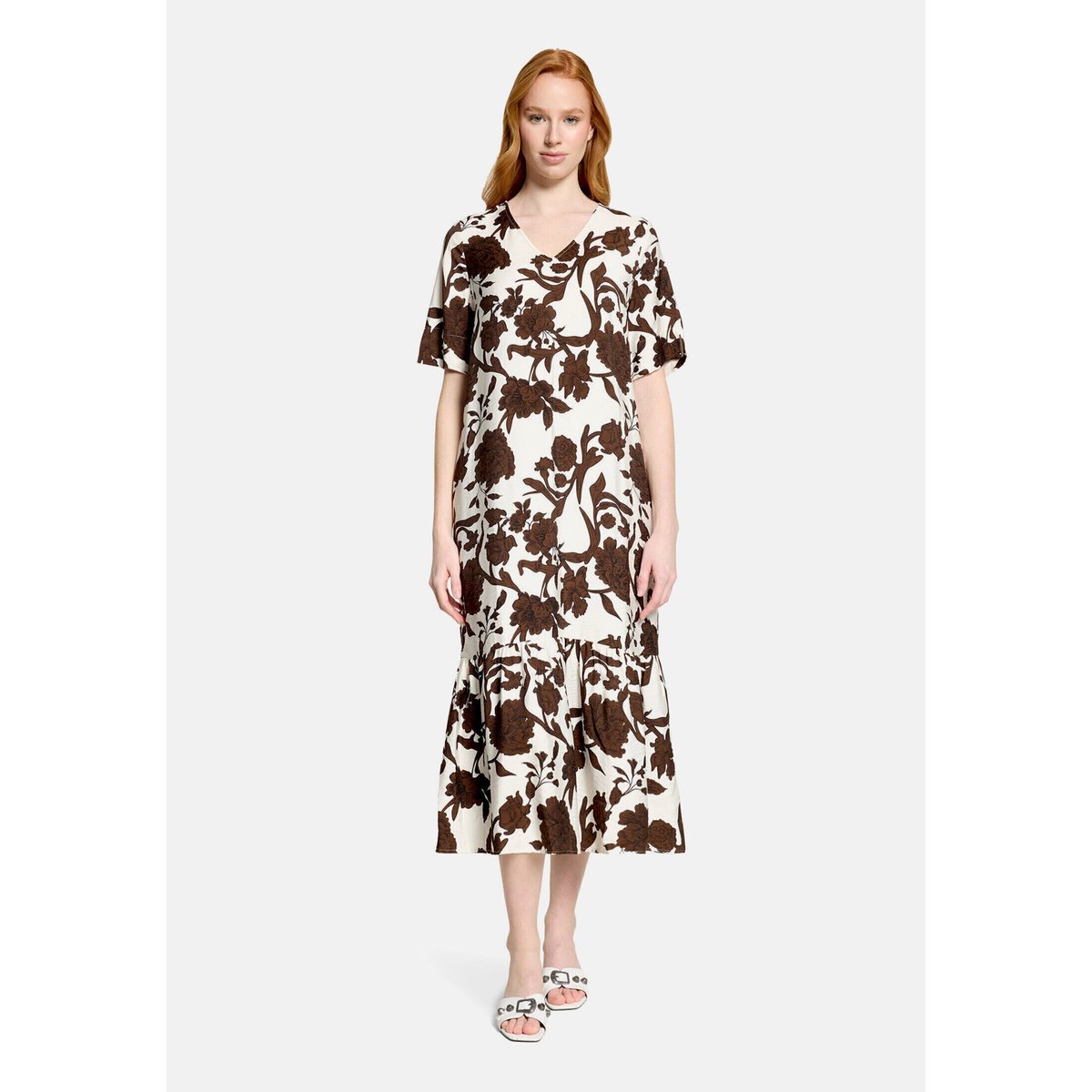 Robe longueur midi à volant blanc/marron, CARTOON