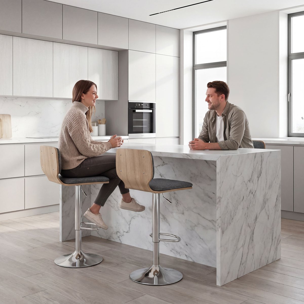 Tabouret de bar Tissu effet lin (100 % gris, bois clair, HOMCOM