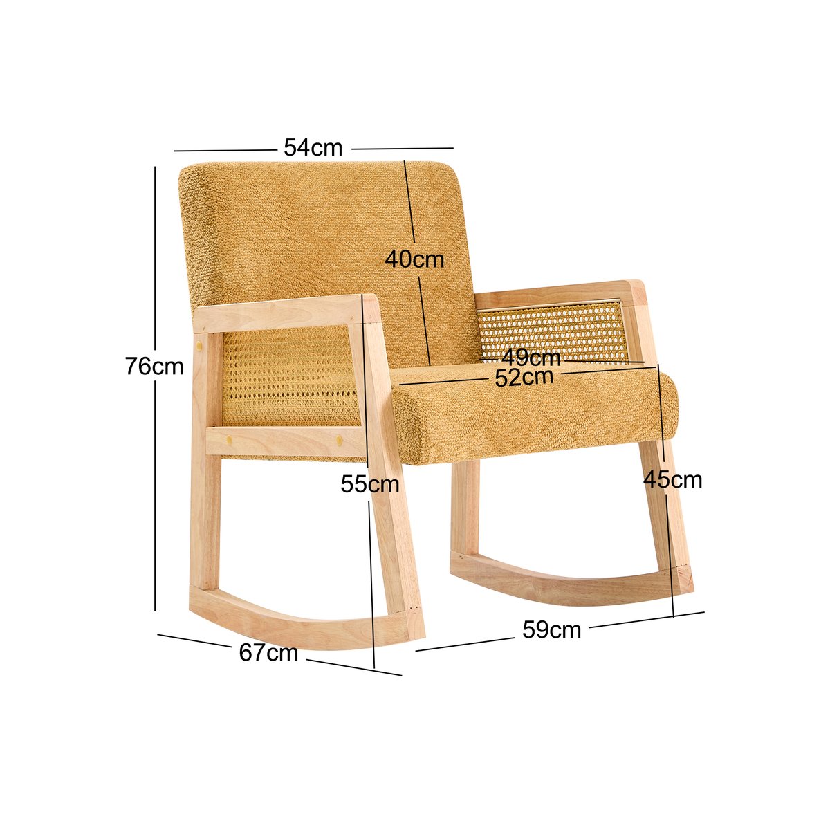 Rocking chair bois massif, rotin et tissu, BORGO jaune, NORDLYS