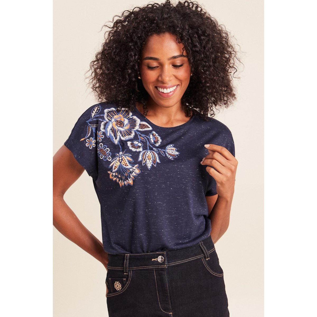 T-shirt à sequins manches courtes bleu marine, BREAL