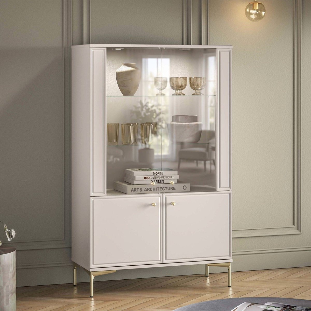 Vitrine 4 portes éclairage LED SANDRO beige cachemire et doré, RECOLLECTION