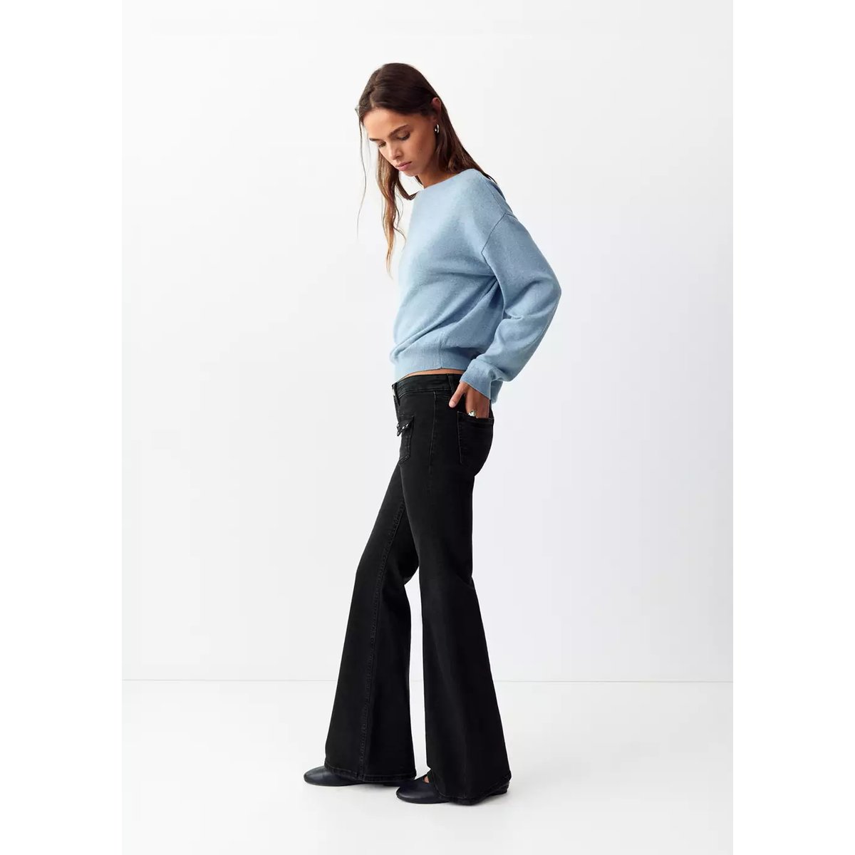 Jean flare clouté black denim, MANGO TEEN