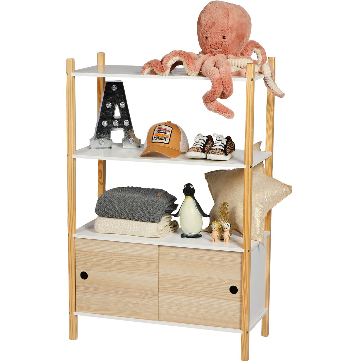 Étagère sur pied chambre enfant bois et blanc 70x30x106cm blanc, WADIGA