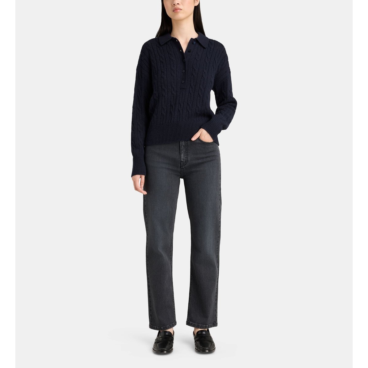 Pull droit col polo orwell torsades et boutons coton et laine bleu marine, JODHPUR