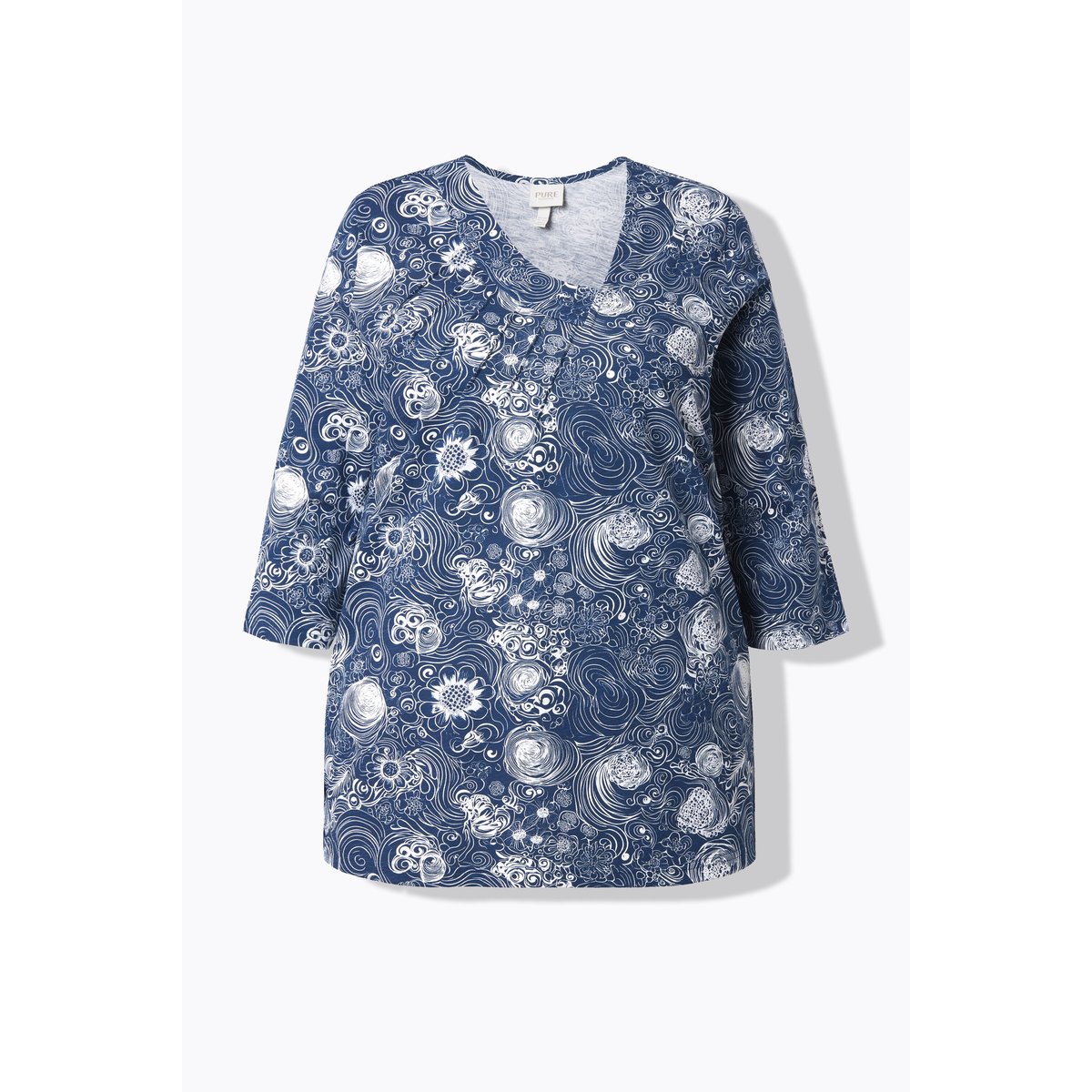 T-shirt en coton bio avec passepoils. Col bleu marine, ULLA POPKEN