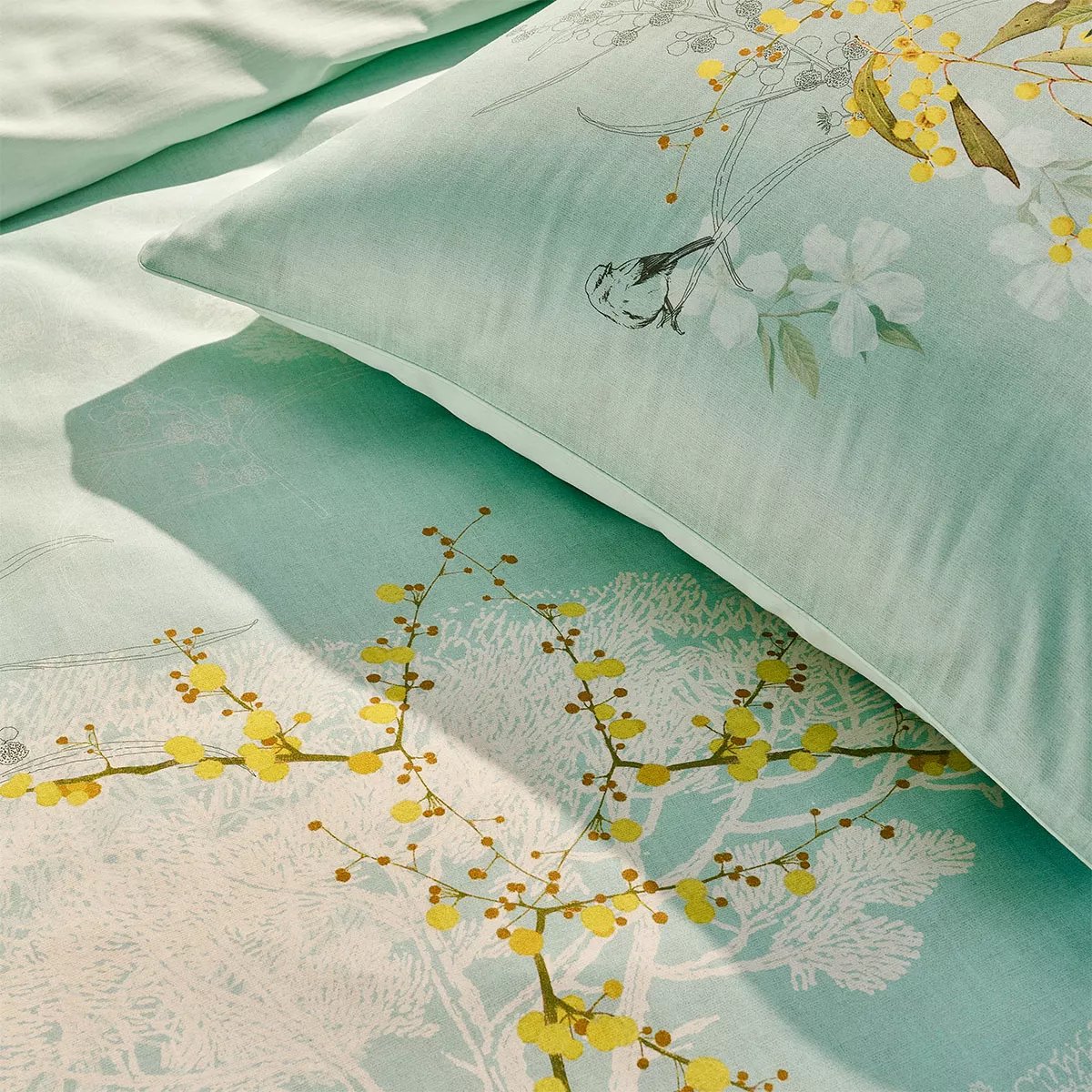 Housse de couette satin de coton Mimosas d'ete turquoise, GARNIER THIEBAUT