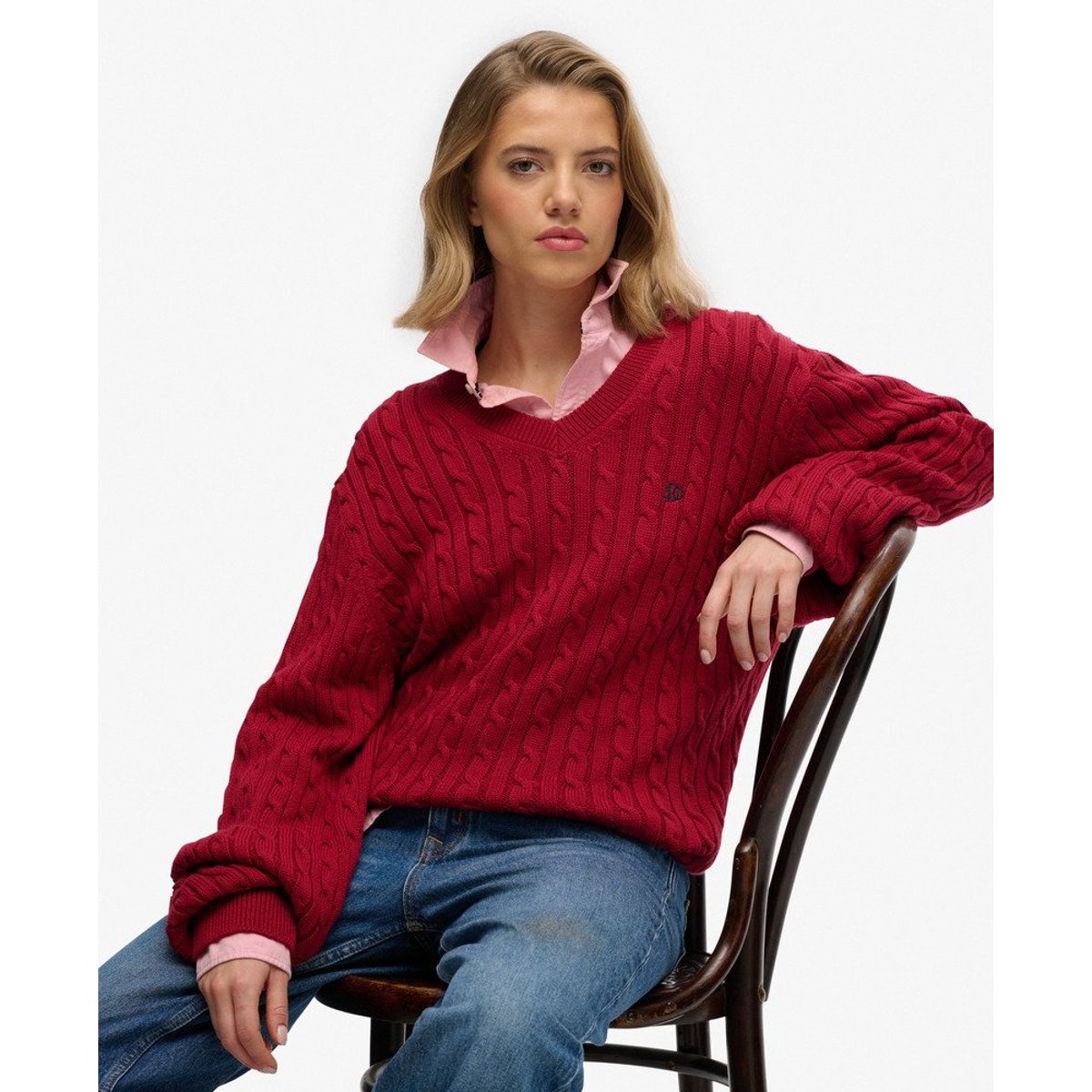 Pull à Câbles Col V Oversize rouge bordeaux, SUPERDRY
