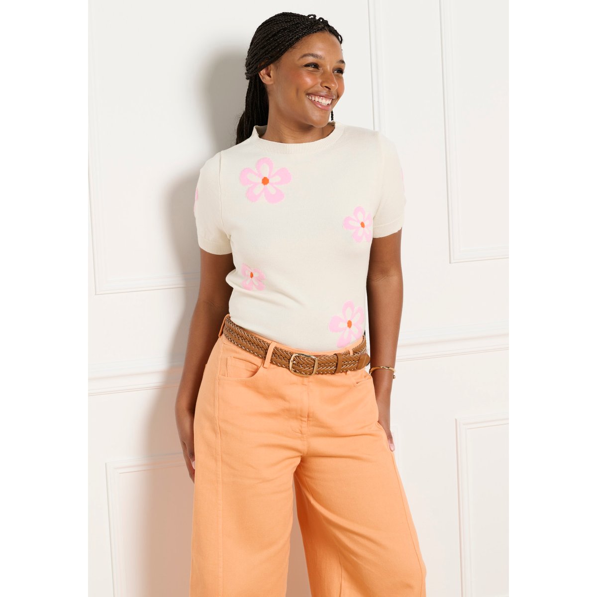 Pull manches courtes floral blanc casse, LOLALIZA