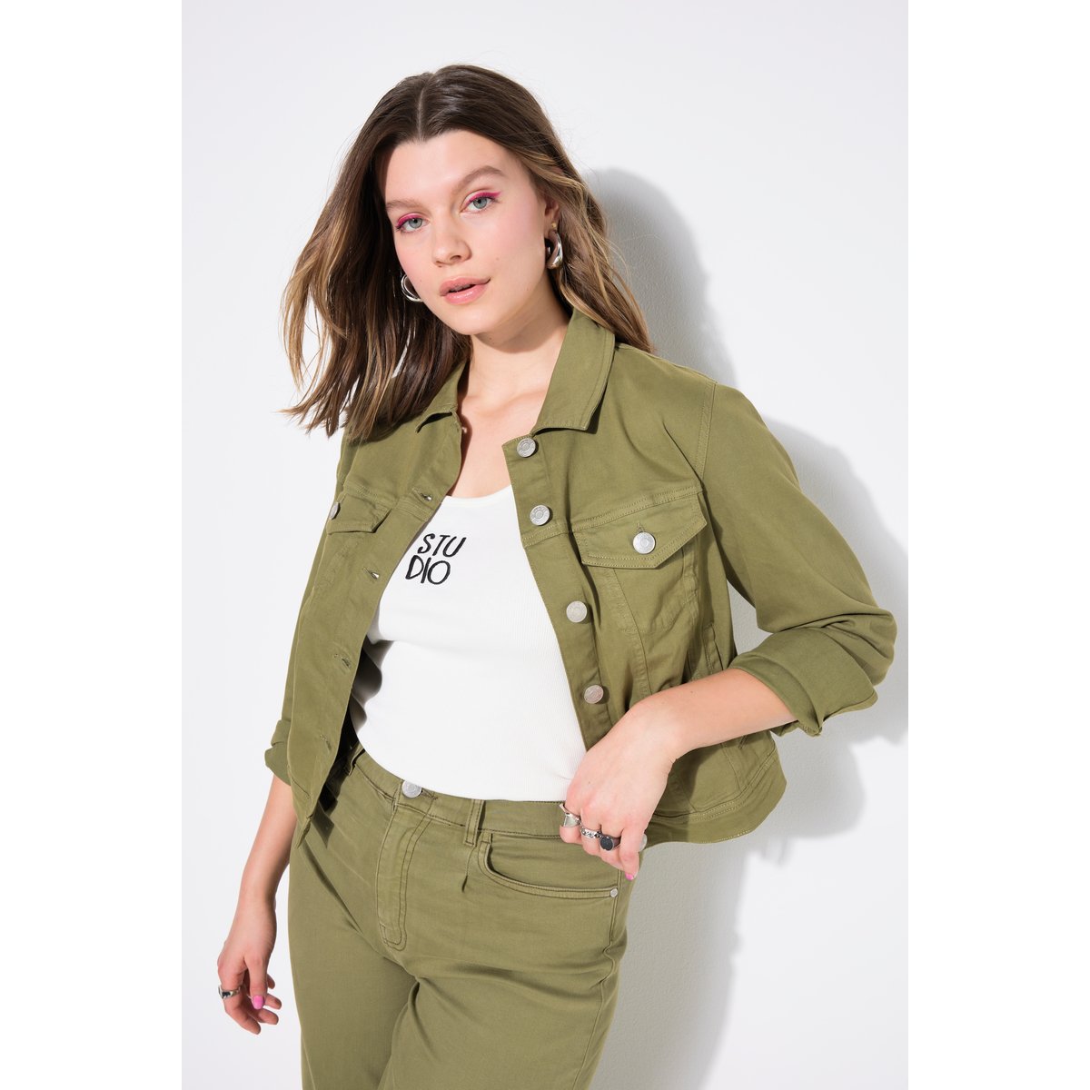 Veste en jean 4 poches, tissu sergé vert mousse, STUDIO UNTOLD