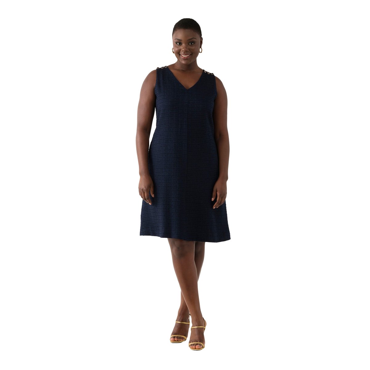Robe en bouclette, coupe évasée, col V bleu nuit, ULLA POPKEN