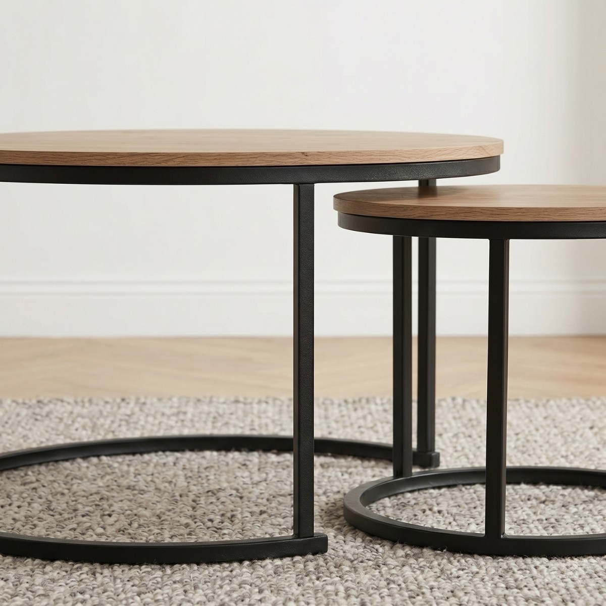 Lot de 2 Tables Basses Gigognes Rondes L70 cm - LENNY chêne et noir, CALICOSY