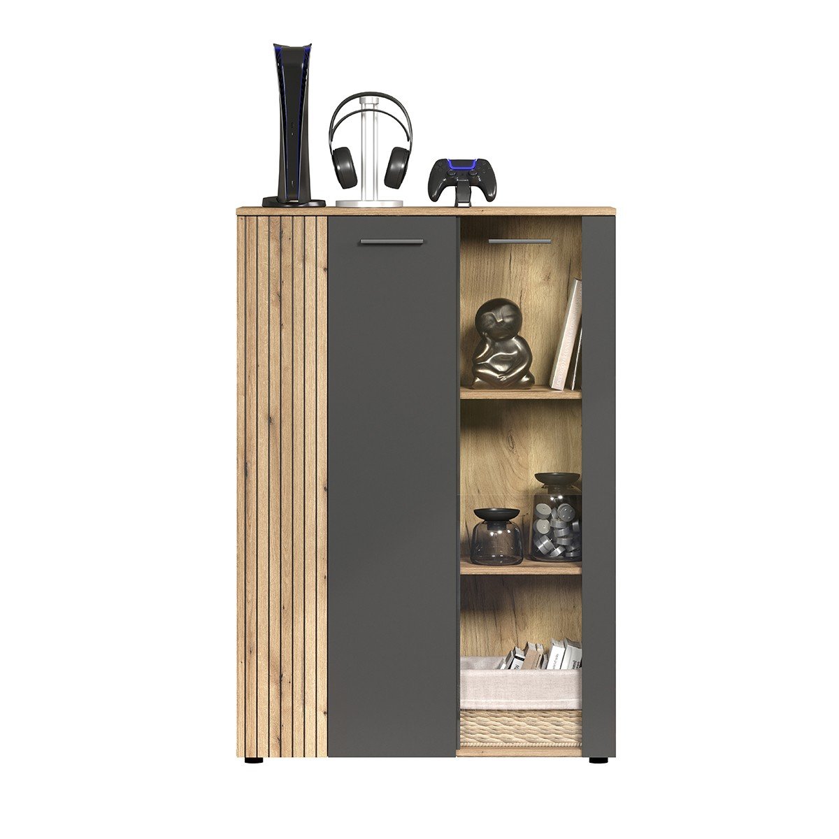 Rangement vitré 2 portes dont une avec verre trempé L90cm - Esteban gris anthracite, CALICOSY
