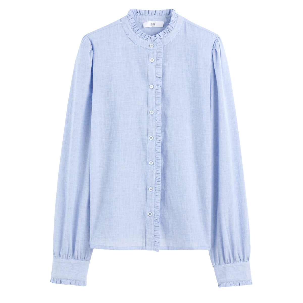 Ruffled High Neck Blouse with Long Sleeves sky blue, LA REDOUTE COLLECTIONS