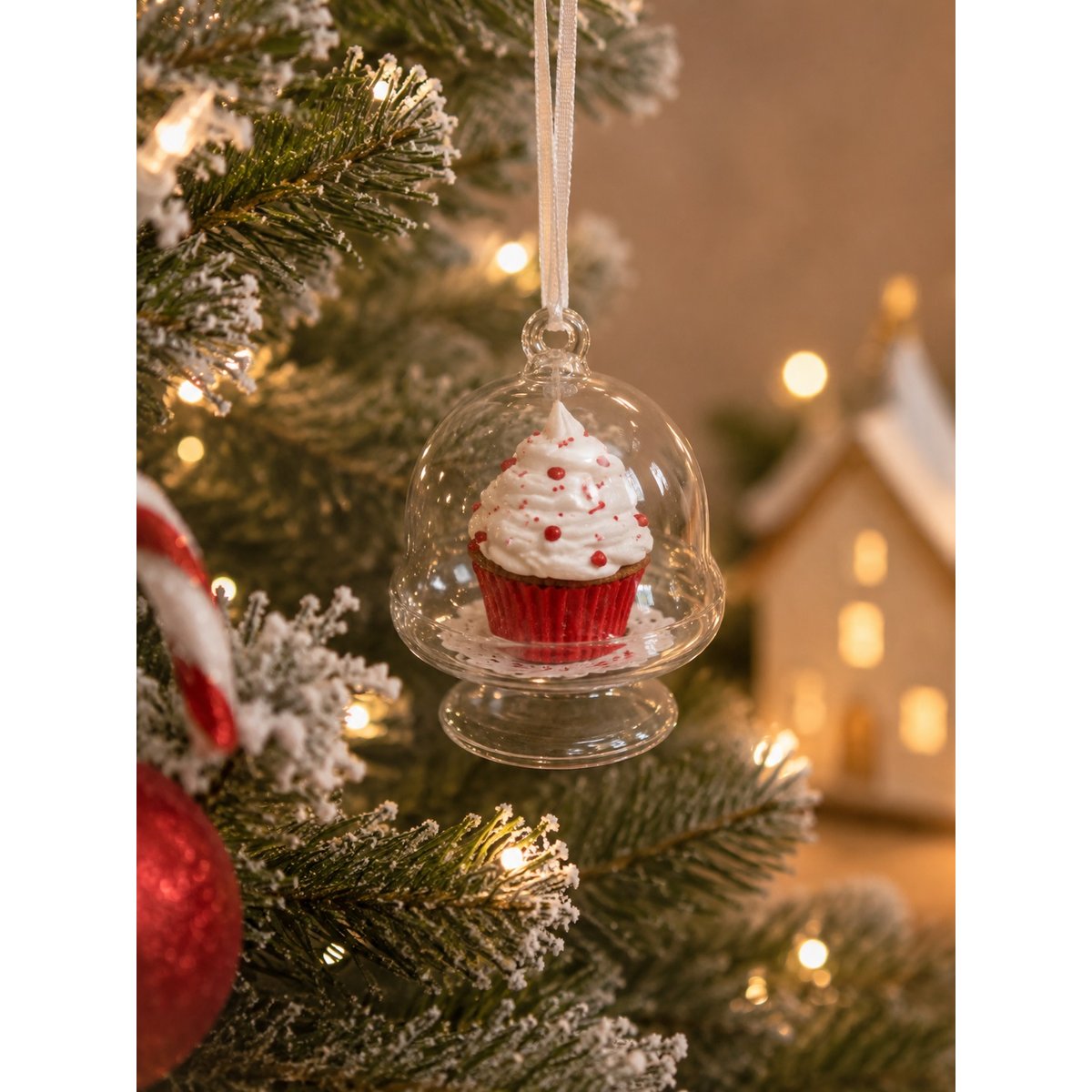 Boule de Noël transparente avec gâteau rouge – 6 x 8 cm transparen, EDEN