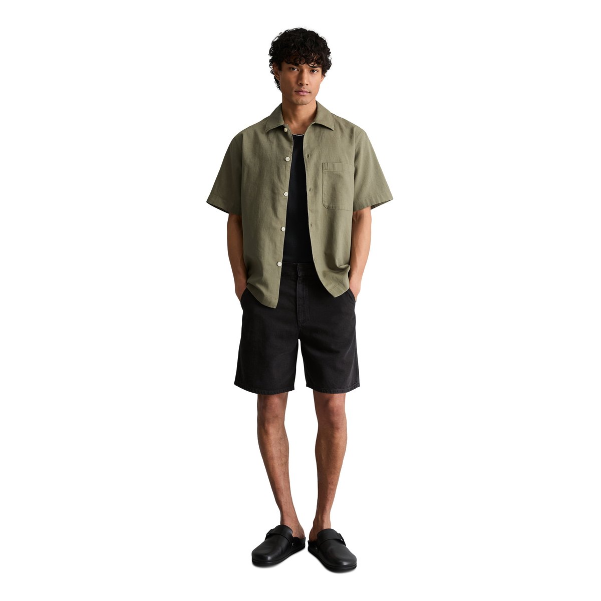 Chemise à manches courtes regular en coton bio et en lin vert, MARC O’POLO DENIM