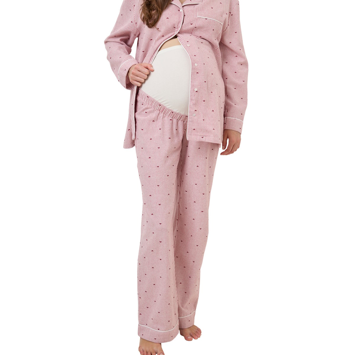 Ensemble 2 pièces pyjama de grossesse en flanelle rayée motifs coeurs rose nude, VERTBAUDET