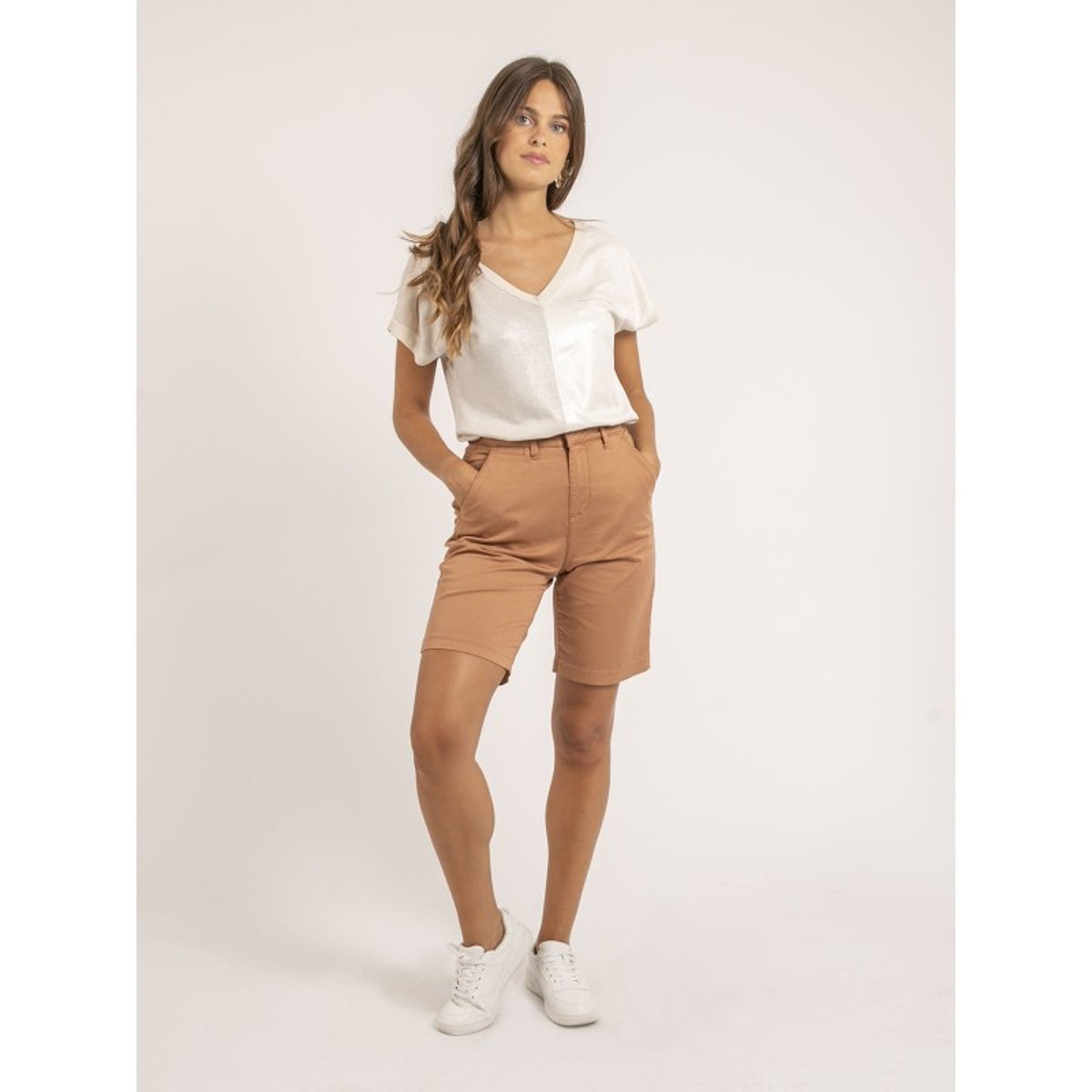 T-shirt Col V Bimatière Fazzy rose, DONA LISA