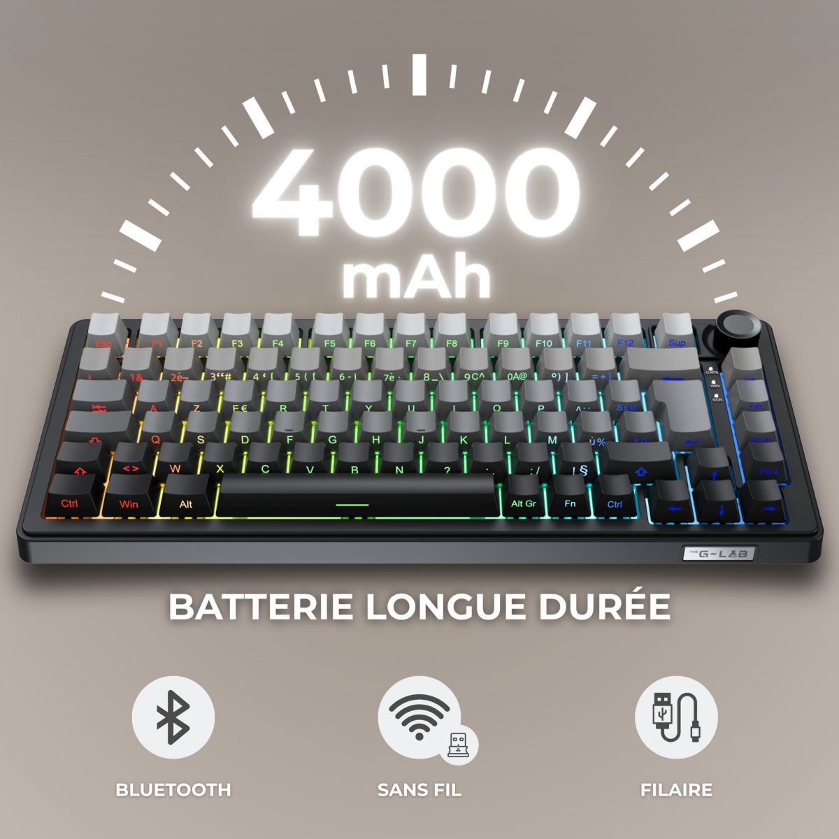 Clavier gamer sans fil Keyz Elite 300 GRG Triple Mode Gris couleur unique, THE G-LAB