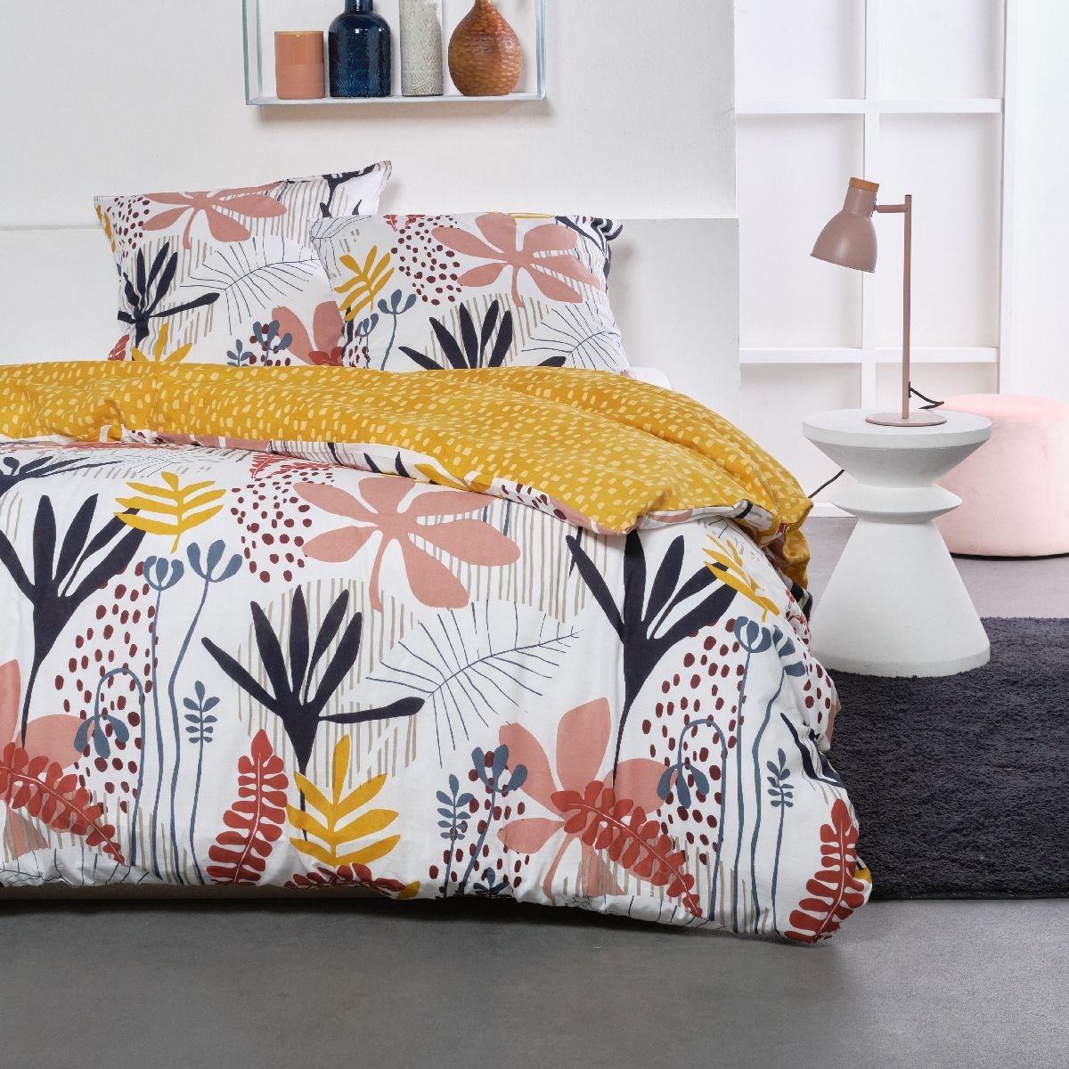 Parure de lit imprimé floral coton SUNSHINE LOU gris, TODAY