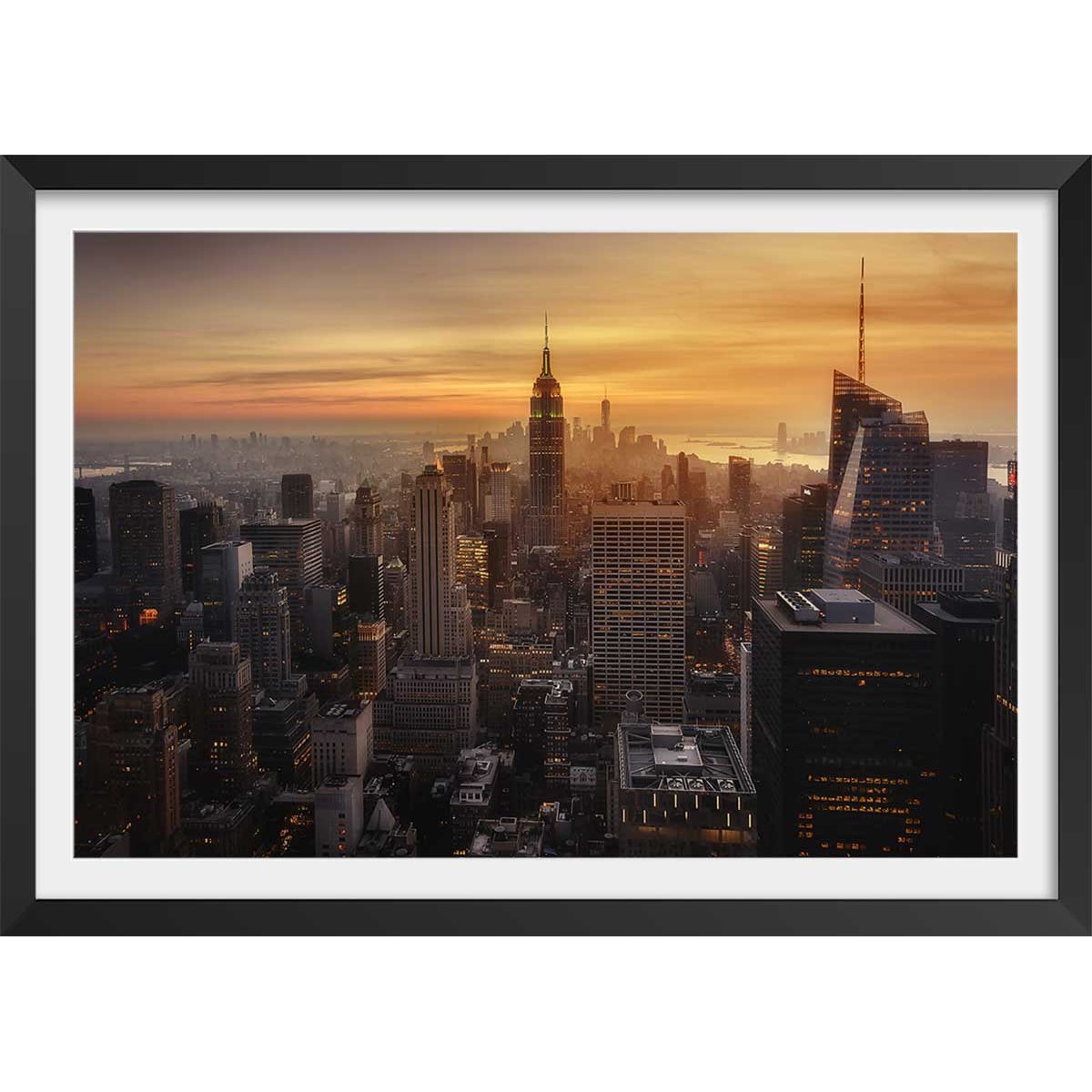 Affiche paysage manhattan's light affiche + cadre en bois - noir, HEXOA