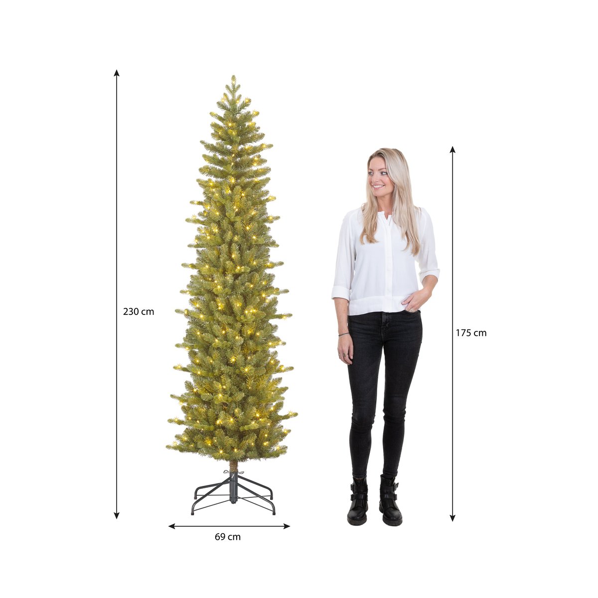 Sapin de Noël artificiel étroit et enneigé avec LED H230 cm HARMA vert, BLACK BOX TREES