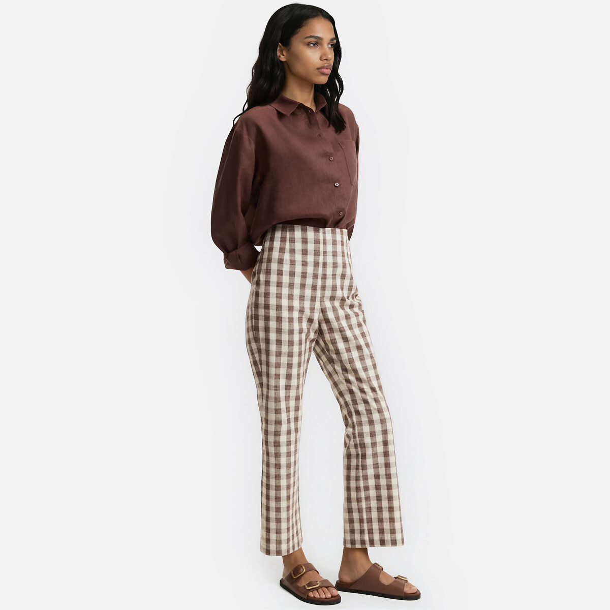 Pantalón 7/8 de corte bootcut con estampado de cuadros vichy vichy marrón, LA REDOUTE COLLECTIONS