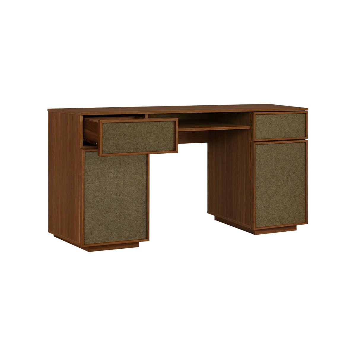Bureau décor bois et tissu 2 portes 2 tiroirs 1 niche 140cm KUBA noyer, SWEEEK