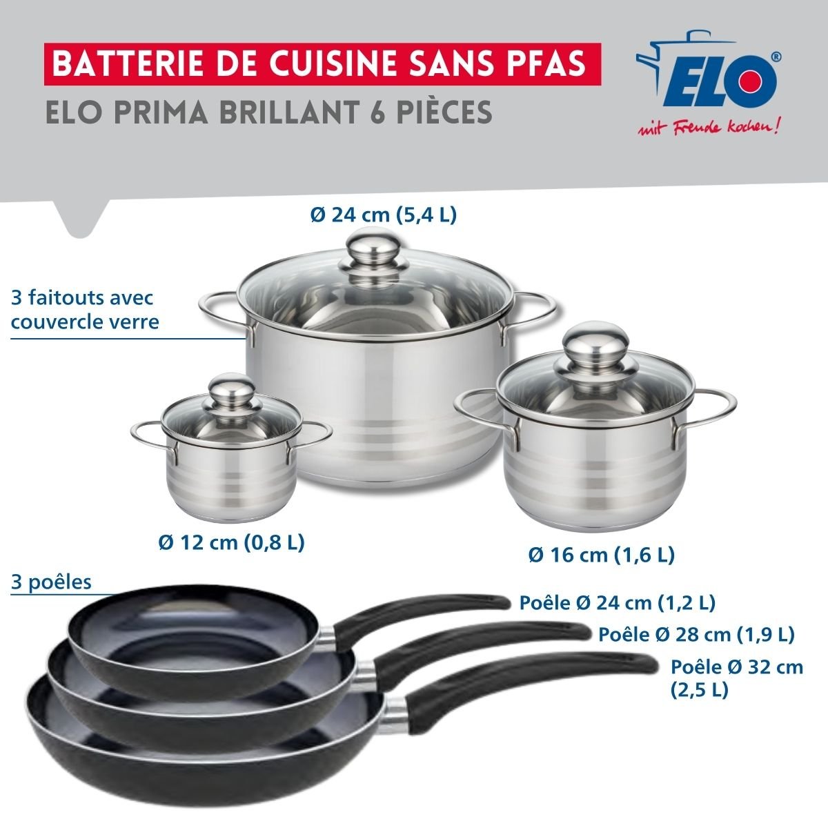 3 poêles 24/28/32cm + 3 faitouts 12/16/24cm PRIMA BRILLANT noir, ELO