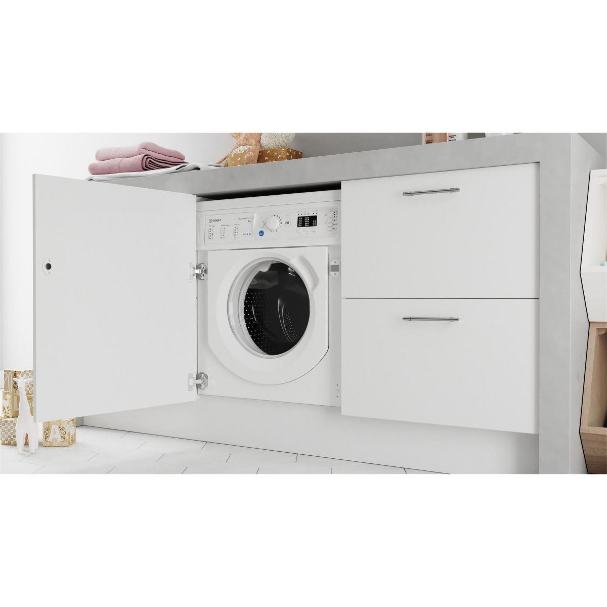 Lave linge hublot encastrable BIWMIL9146FR - 9 kg - 1400 tr/min - Classe A - Moteur induction blanc, INDESIT