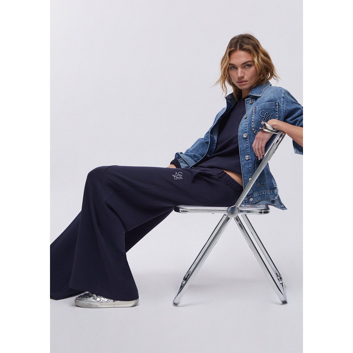 Pantalon évasé en néoprène bleu foncé, LIU JO