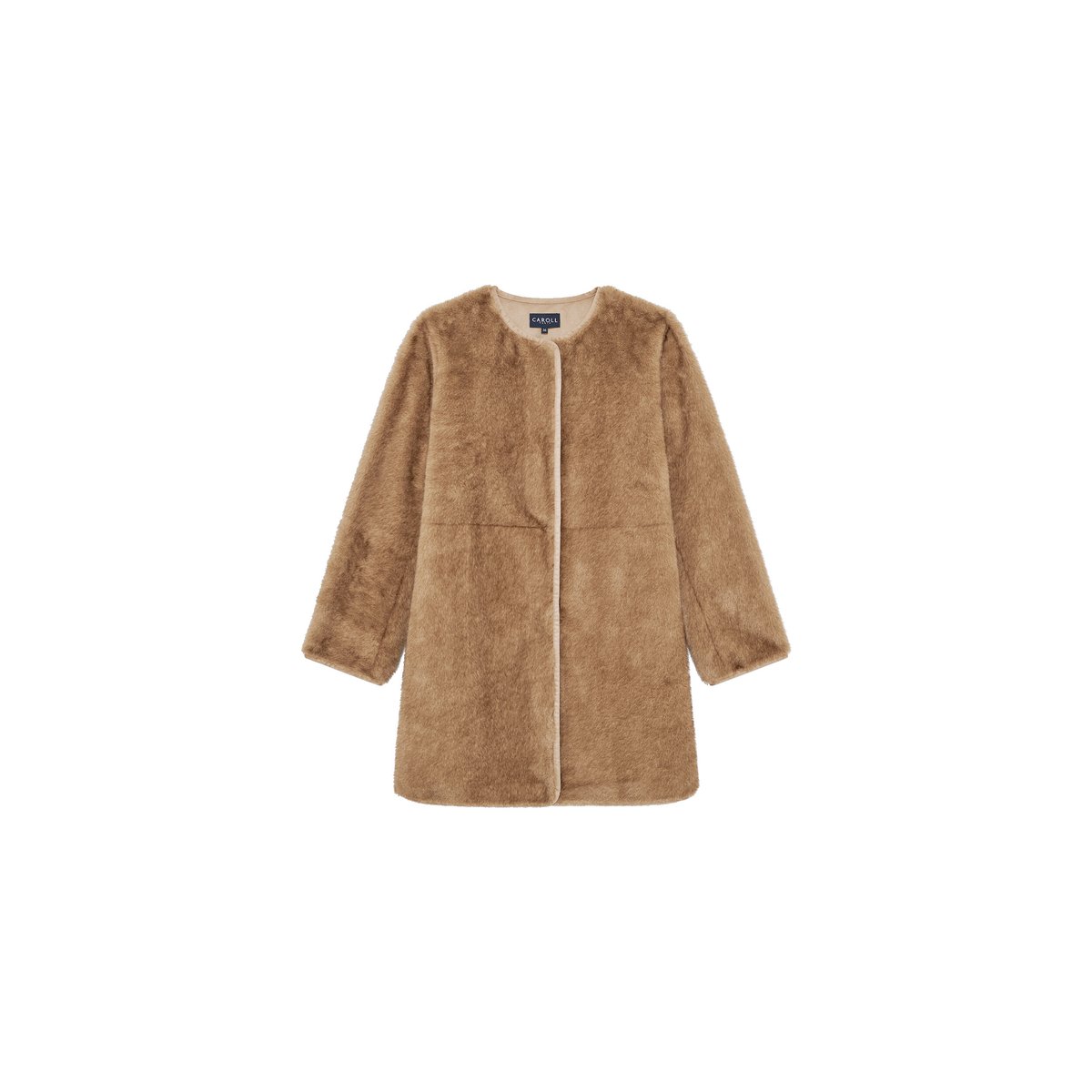 Manteau droit col rond imitation fourrure GFLOCON marron clair, CAROLL