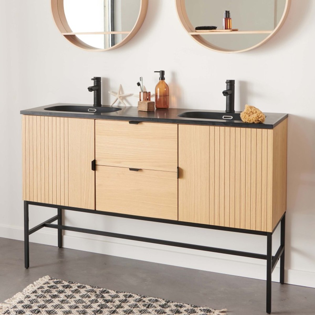 Meuble double vasque sur pieds chêne Studio bois, MOB IN