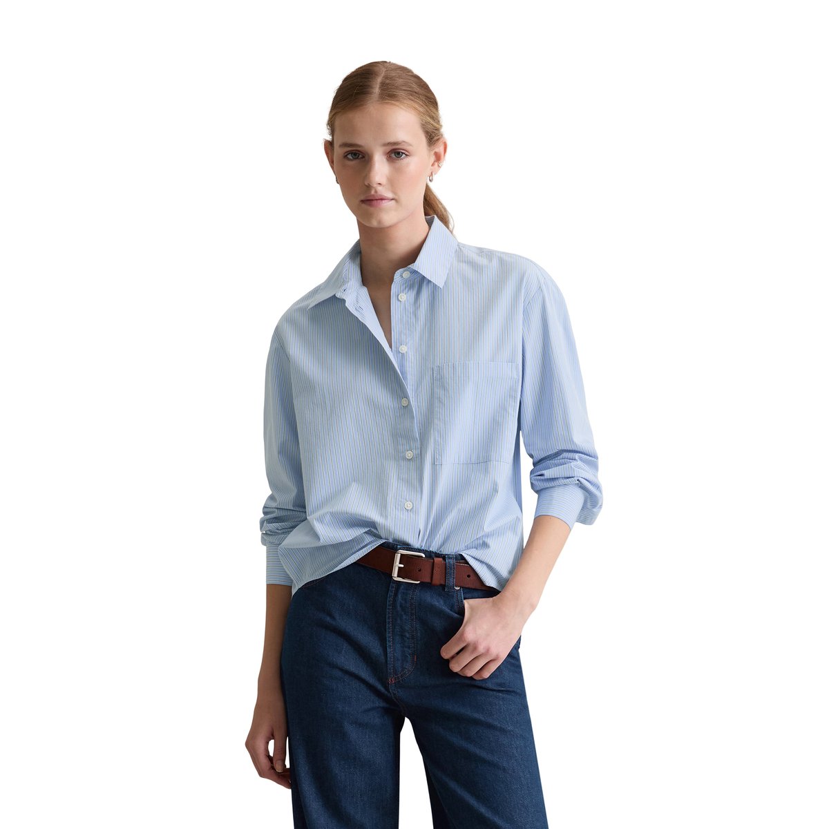 Blouse à rayures relaxed en popeline Papertouch bleu clair, MARC O’POLO DENIM