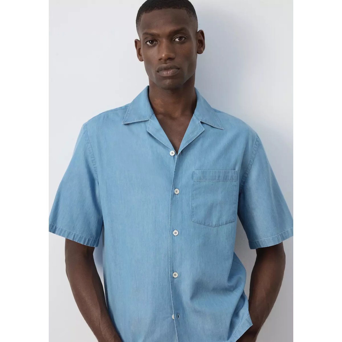 Chemise 100 % coton à col bowling bleu clair, MANGO MAN