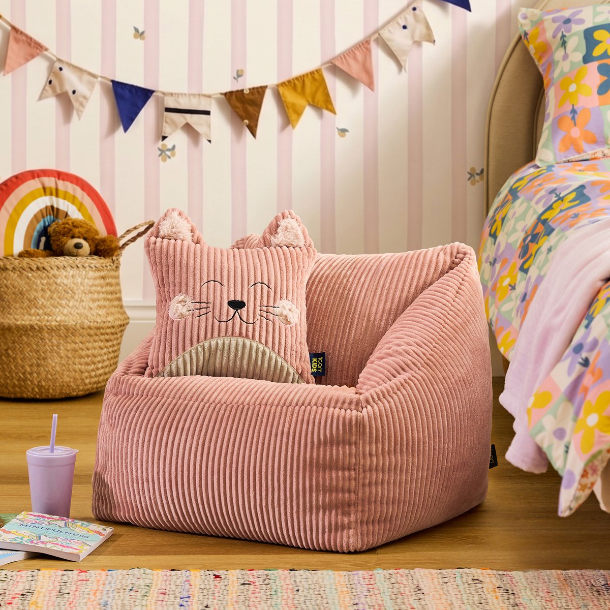 Pouf fauteuil enfant avec coussin animal en velours côtelé Oeko-Tex® - NATALIA rose chat, ICON