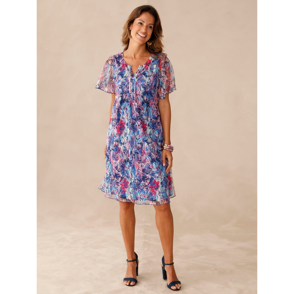Robe dentelle manches volantées imprimé bleu, DAXON