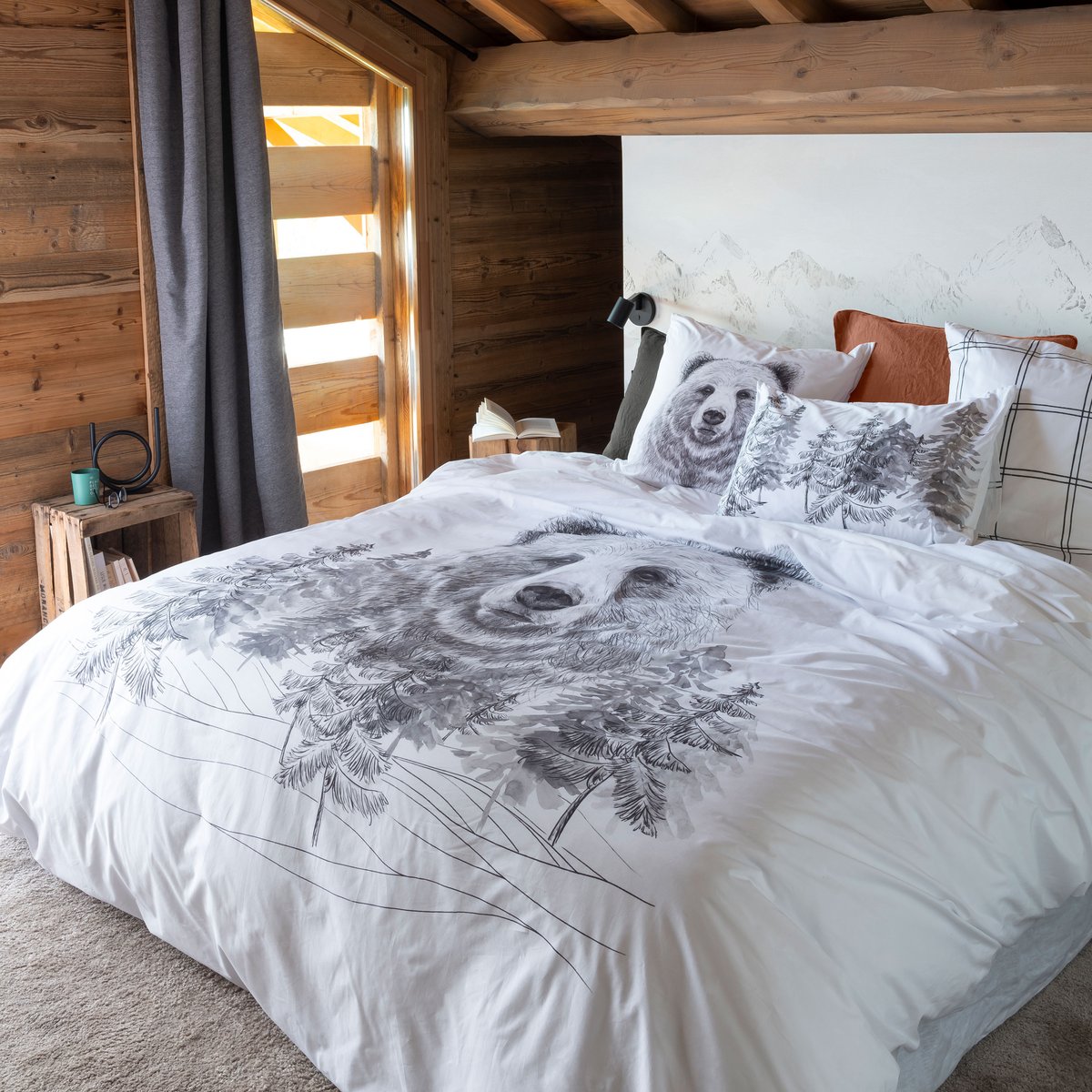 Housse de couette réversible percale de coton GRIZZLI imprimé, CARRE BLANC
